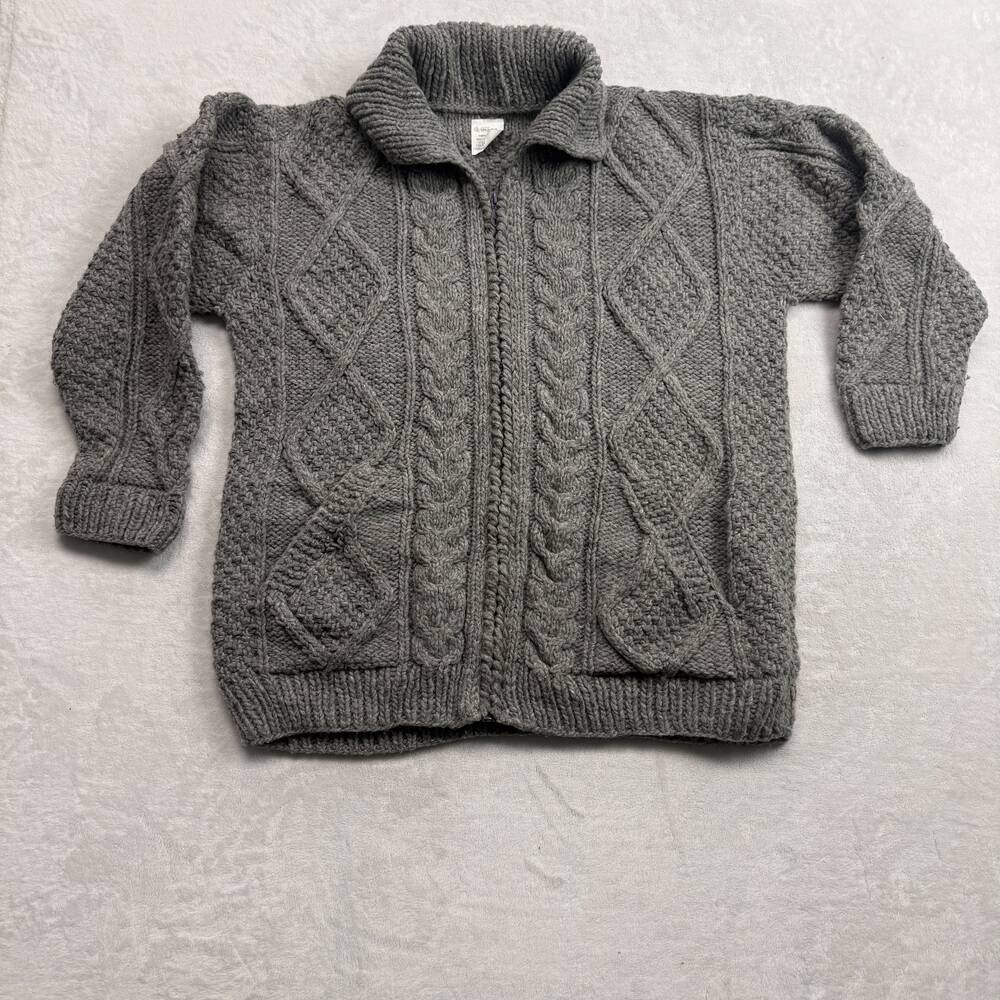 Hecho A Mano 100% Wool Hand Knit Full Zip Sweater Women's Grey Size L Cardigan